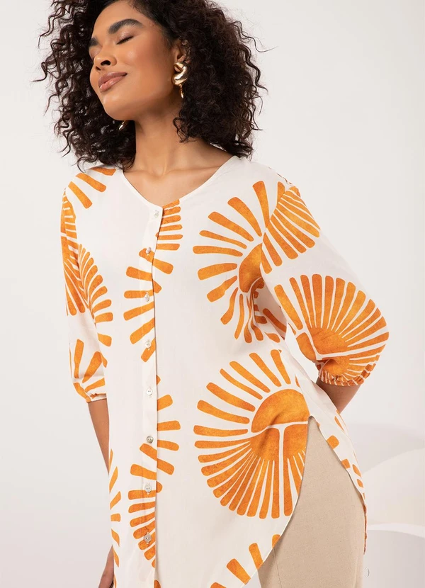 Lunender - Camisa Estampada Alongada com Mangas 3/4 Amarelo 5