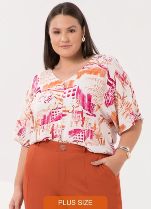 Lunender Mais Mulher - Camisa Estampada D com Decote em V Laranja - LUNENDER MAIS MULHER