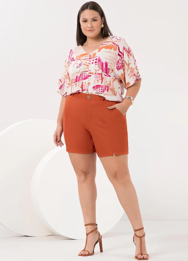 Lunender Mais Mulher - Camisa Estampada D com Decote em V Laranja 2