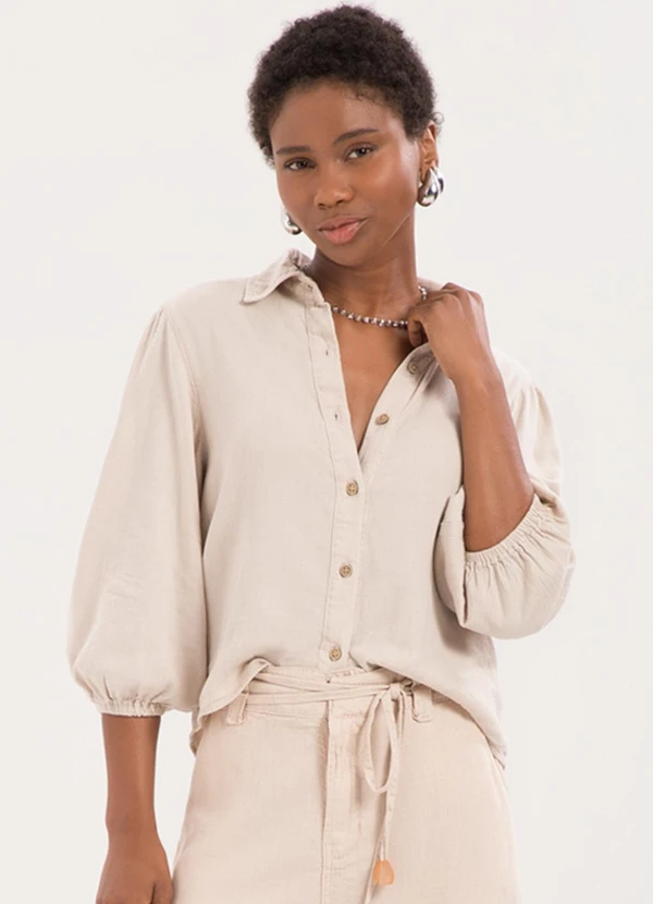 Lunender - Camisa Feminina de Mangas 3/4 com Elástico Bege