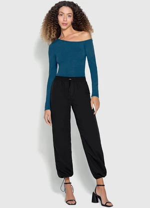 Enfim - Calça Feminina Parachute em Microfibra Preto - ENFIM