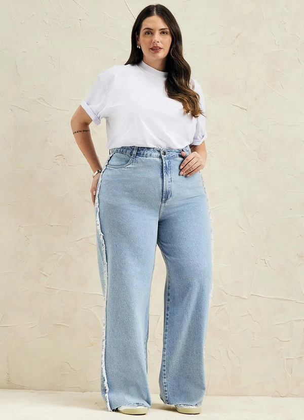 Marialícia - Calça Feminina Wide Leg Franja Jeans Azul 2