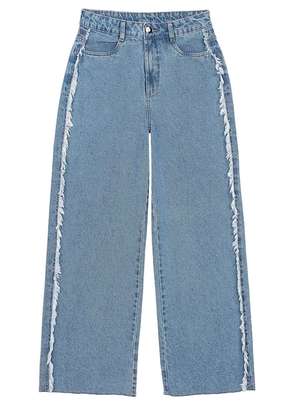 Marialícia - Calça Feminina Wide Leg Franja Jeans Azul 3