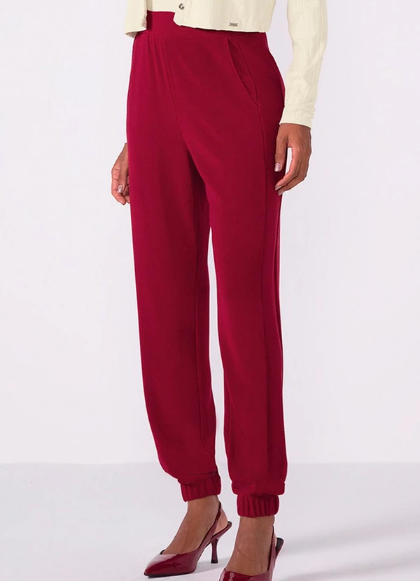 Marialícia - Calça Jogger Canelada com Bolsos Vermelho 1