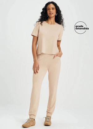 Marialícia - Calça Jogger Feminina com Bolsos Bege - MARIALÍCIA