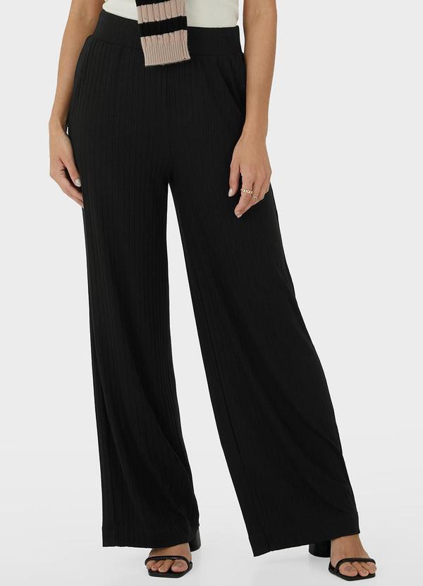 Malwee - Calça Preto Wide Leg Canelada