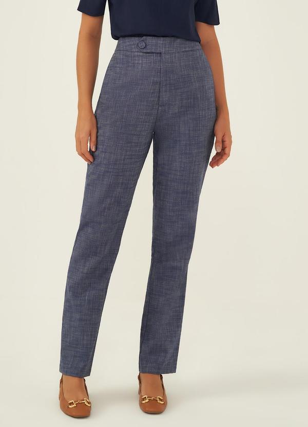 Principessa - Calça Reta Regular Maquinetada em Algodão Nazira Azul