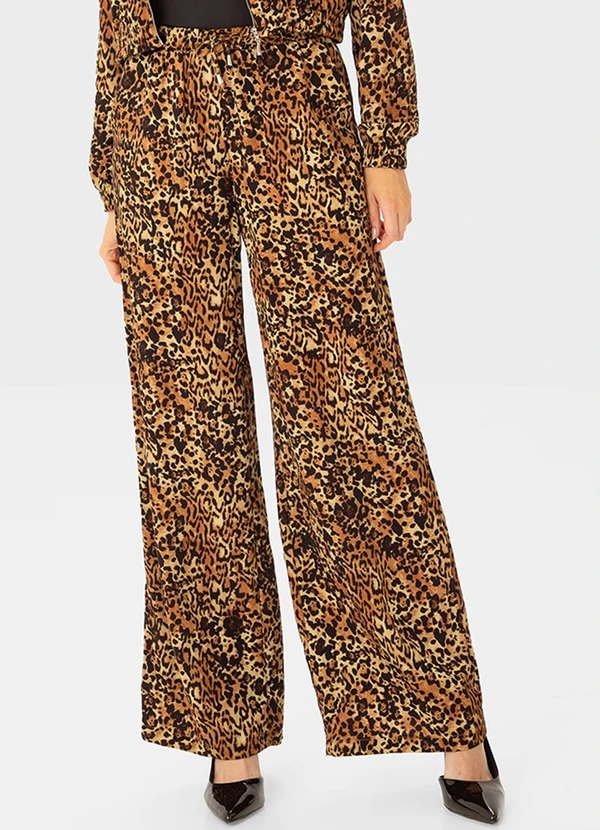 Enfim - Calça Wide Leg Animal Print Marrom