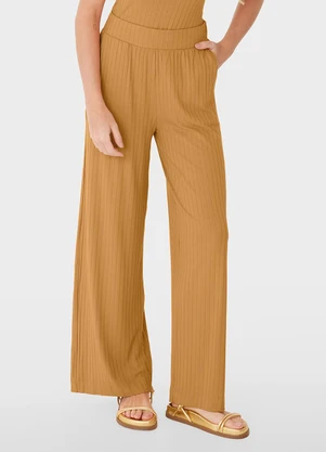 Malwee - Calça Wide Leg Canelada Amarelo Mostarda - MALWEE