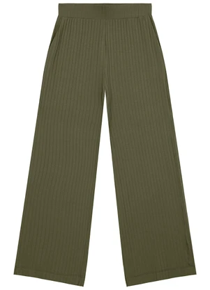 Malwee - Calça Wide Leg Canelada Verde Militar - MALWEE