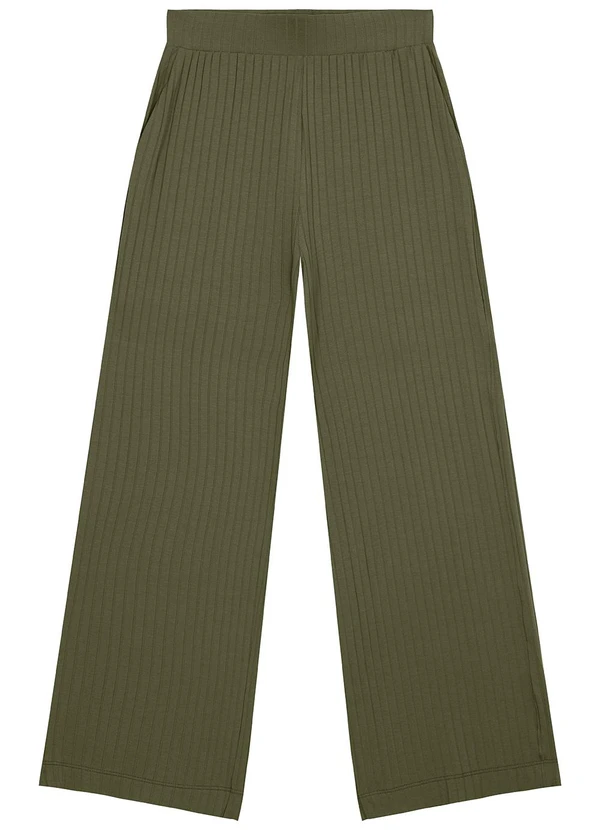 Malwee - Calça Wide Leg Canelada Verde Militar