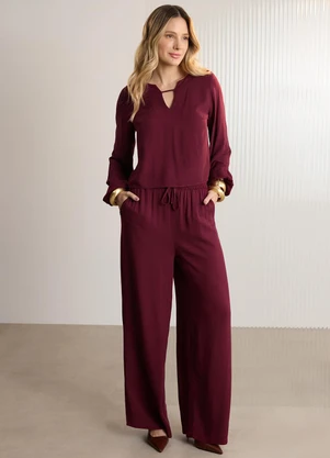 Lunender - Calça Wide Leg com Cós Elástico em Viscose Bordo - LUNENDER