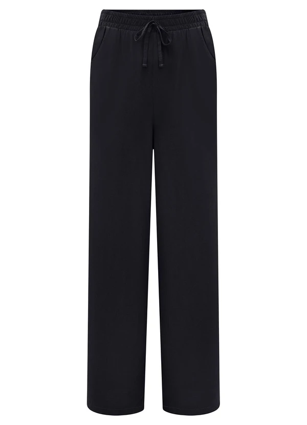 Lunender - Calça Wide Leg com Cós Elástico em Viscose Preto