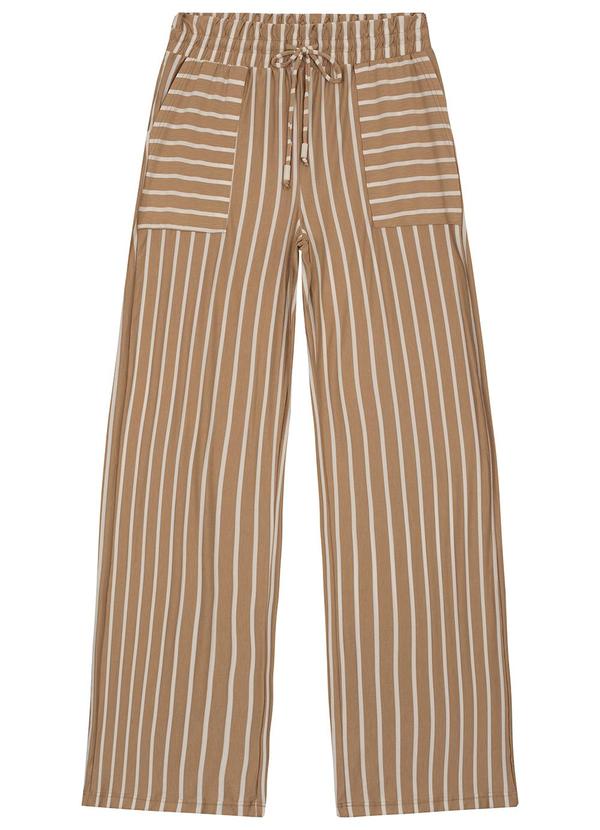 Malwee - Calça Wide Leg em Viscose Listrada Bege