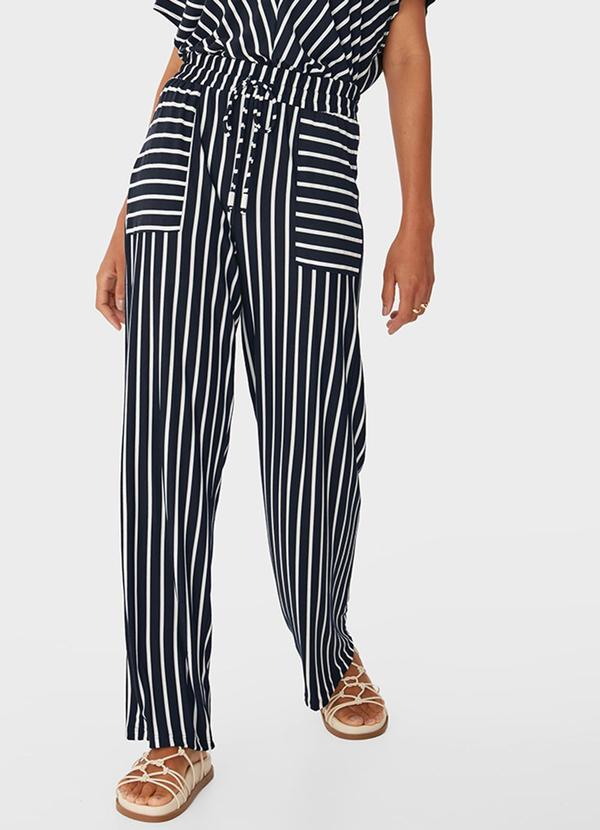 Malwee - Calça Wide Leg em Viscose Listrada Azul