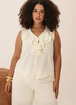 Elegance - Camisa Diamond sem Manga Babado Decote Off White - ELEGANCE