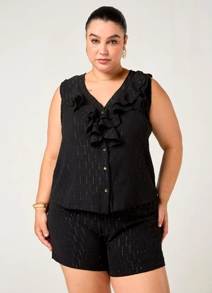 Elegance - Camisa Diamond sem Manga Babado Decote Preto - ELEGANCE