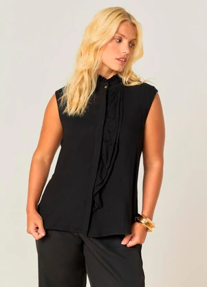 Elegance - Camisa Gola Alta Franzida com Babados Preto - ELEGANCE