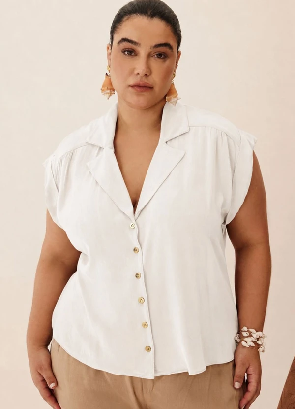 Elegance - Camisa Gola Dupla com Franzido Pala Off White