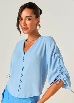 Elegance - Camisa Manga 3/4 Morcego com Amarração Azul - ELEGANCE