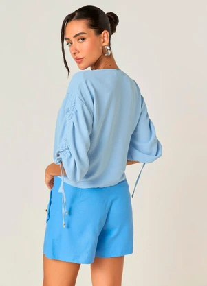 Elegance - Camisa Manga 3/4 Morcego com Amarração Azul - ELEGANCE
