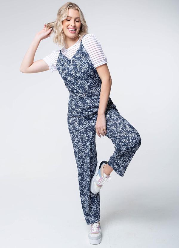 Misiss - Macacão Cigarrete Taís Floral Marinho Azul