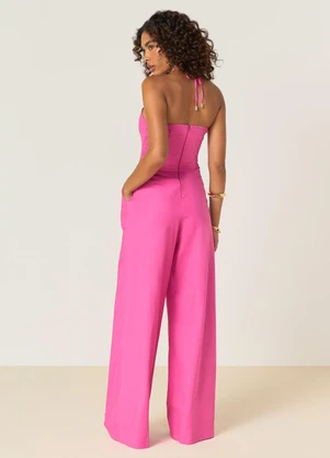 Elegance - Macacão com Decote em V com Amarração Rosa - ELEGANCE