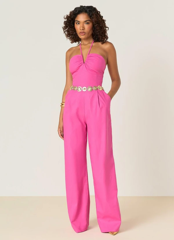 Elegance - Macacão com Decote em V com Amarração Rosa