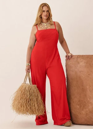 Elegance - Macacão Pantalona Alça Fina Vermelho Flame - ELEGANCE
