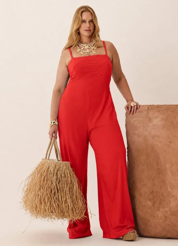 Elegance - Macacão Pantalona Alça Fina Vermelho Flame