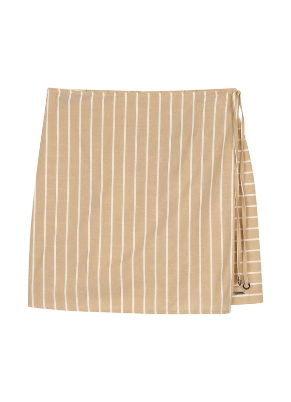 Marialícia - Short Saia Feminino Listrado Transpasse Bege 5