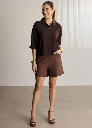 Lunender - Shorts com Bolsos em Tecido com Linho Marrom - LUNENDER