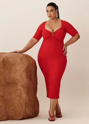 Elegance - Vestido com Decote V e Metal Vermelho Spice - ELEGANCE