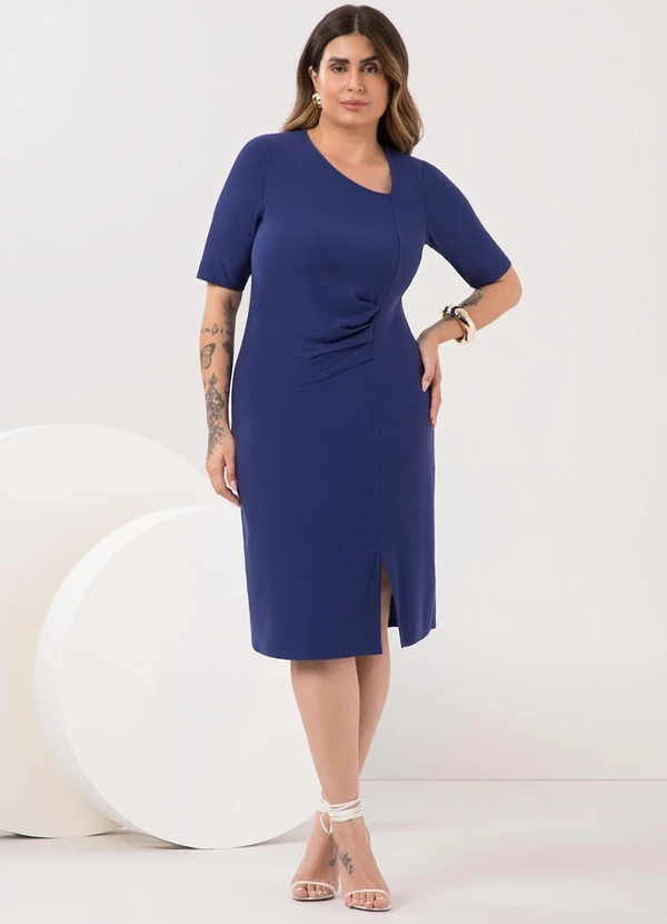 Lunender Mais Mulher - Vestido com Mangas 3/4 Plus Size Crepe Azul