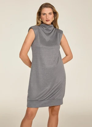 Elegance - Vestido com Ombreira e Gola Alta Cinza Medio - ELEGANCE