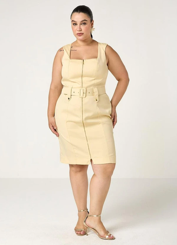 Elegance - Vestido com Zíper e Cinto Forrado Bege Concha