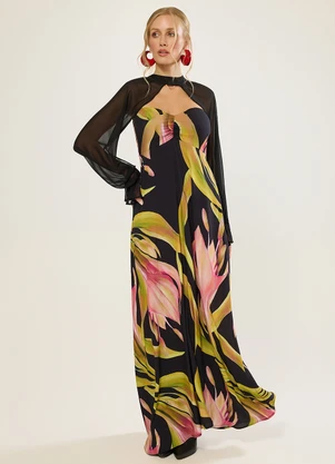 Naguchi - Vestido Longo Estampa Exclusiva Preto - NAGUCHI