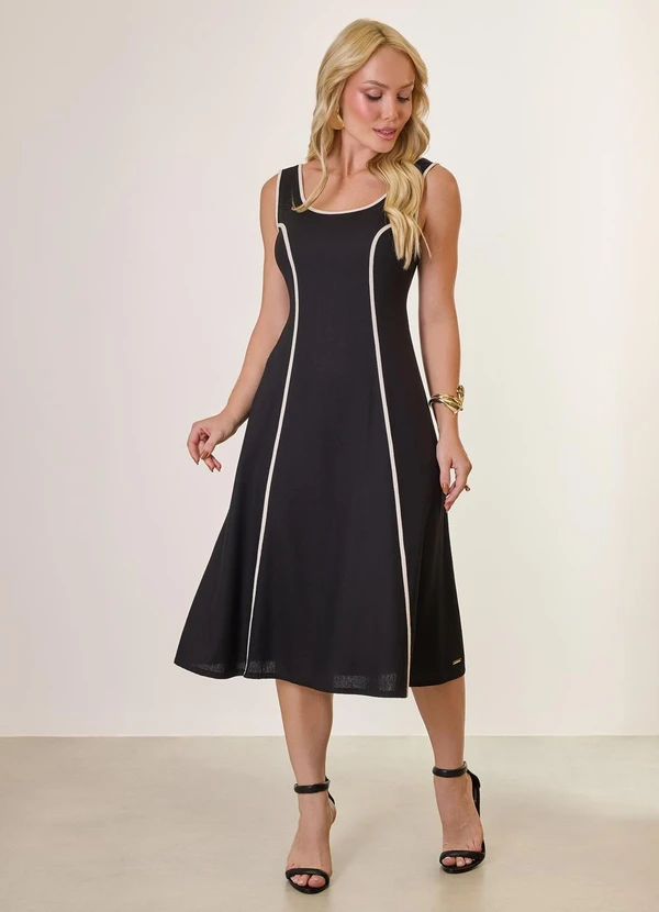 Naguchi - Vestido Midi com Detalhe Contrastante Preto