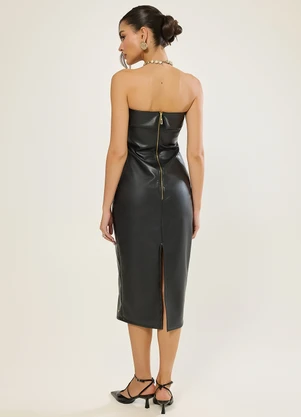 Naguchi - Vestido Midi Couro Ecologico Preto - NAGUCHI