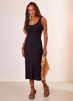 Naguchi - Vestido Midi em Malha Texturizada Preto  - NAGUCHI