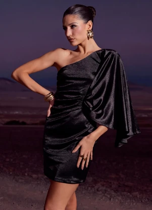 Naguchi - Vestido Ombro So com Sobreposicao Preto - NAGUCHI