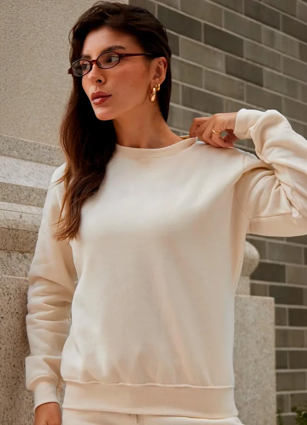 Hiatto Confecção - Blusa de Moletom Peluciado Feminino Off White