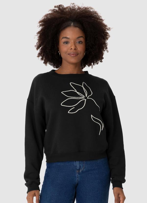 Malwee - Blusão Amplo em Moletom com Flor Preto