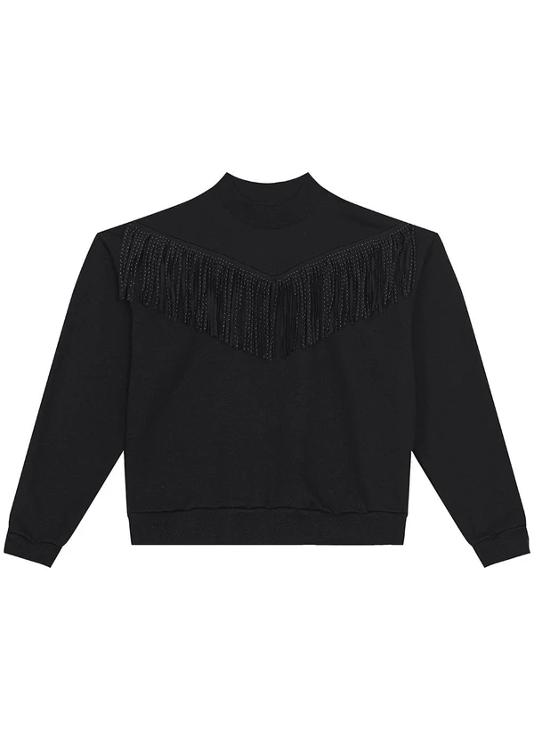 Enfim - Blusão em Moletom com Franjas Preto