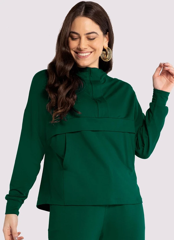 Blusão em Moletom Leve com Zíper e Bolsos Verde Lunender Feminino