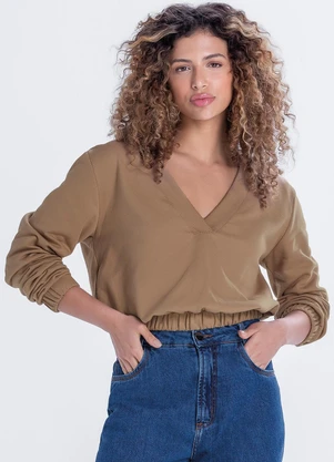 Marialícia - Blusão Feminino de Moletom Felpado Marrom - MARIALÍCIA