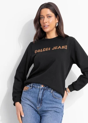Colcci Jeans - Blusão Moletom Estampado com Aplicação Cj Preto - COLCCI JEANS