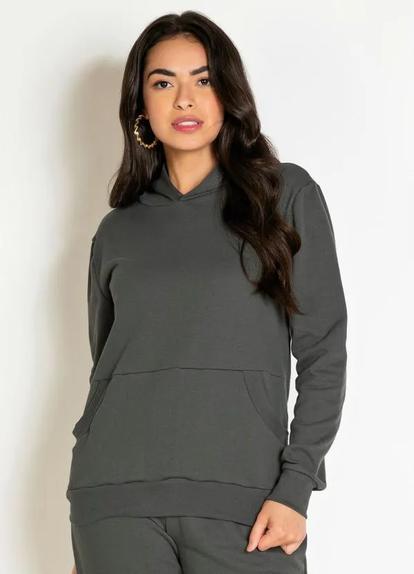 Moda Pop - Casaco Chumbo com Bolso Frontal e Capuz