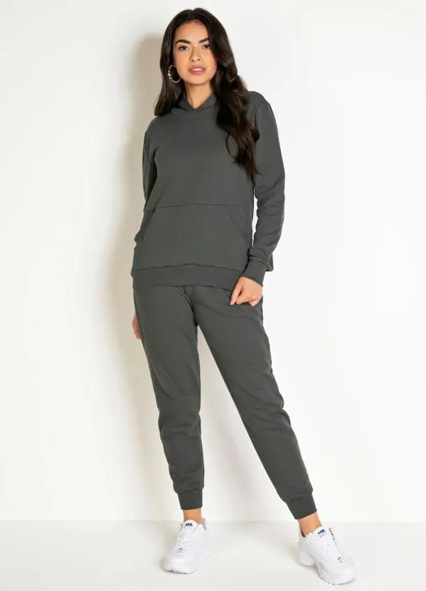 Moda Pop - Casaco Chumbo com Bolso Frontal e Capuz 3