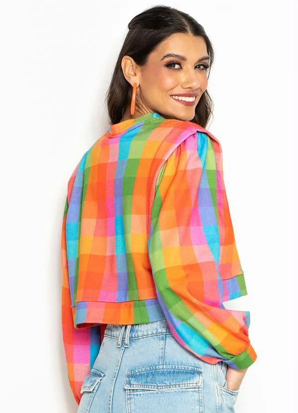 Farm - Casaco Cropped de Moletinho Xadrez de Inverno Estampado 2